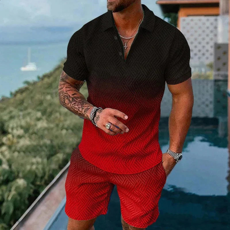 Solid Color Gradient Print Men Sweatsuit Set Summer Casual Zipper Polo Shirt And Shorts 2pcs Sets Fashion Man Pullover Clothing 250318
