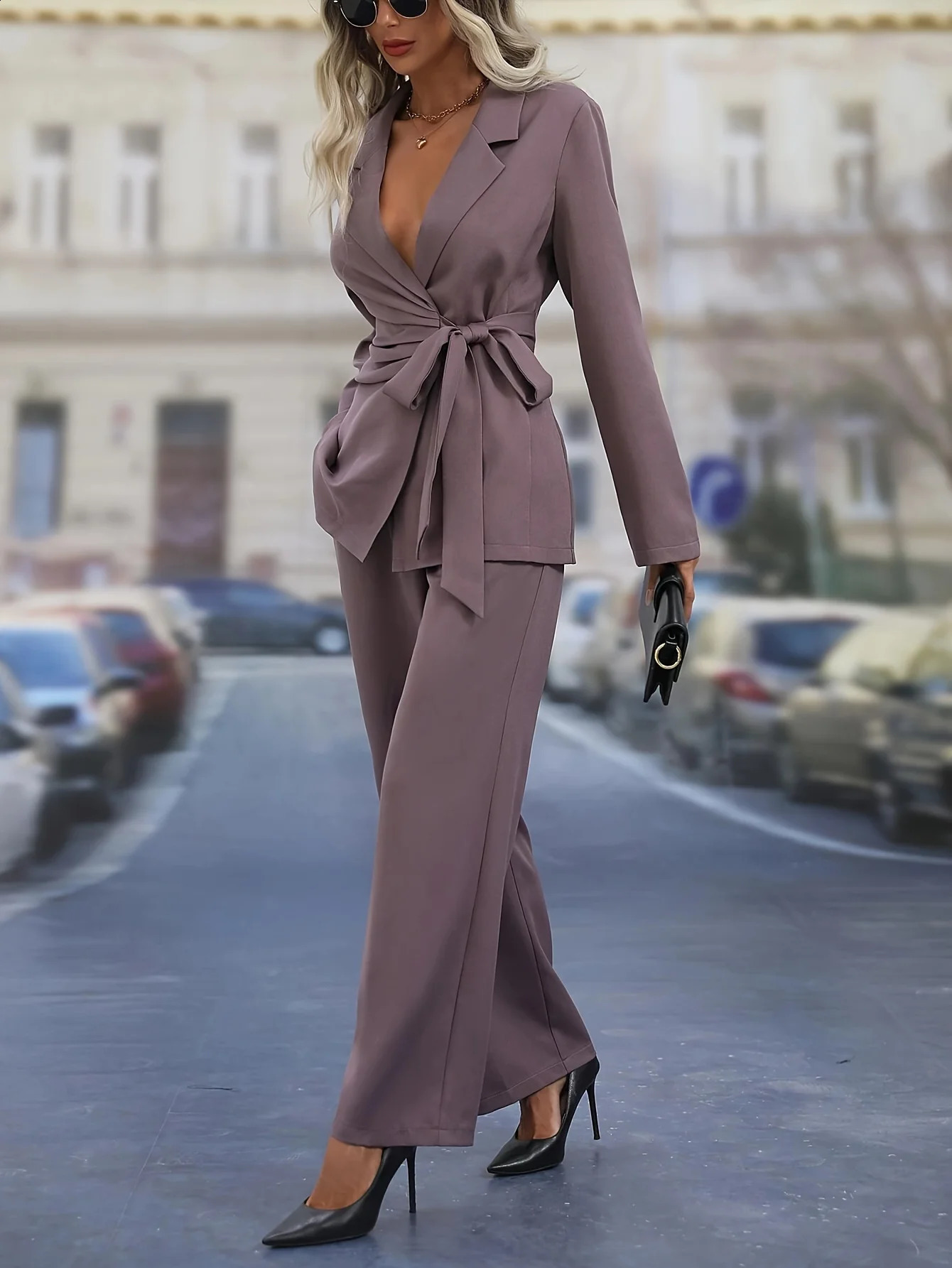 Womens Purple Pants Set Vneck Butterfly Strap Royal Style Top Elegant Warm 250319