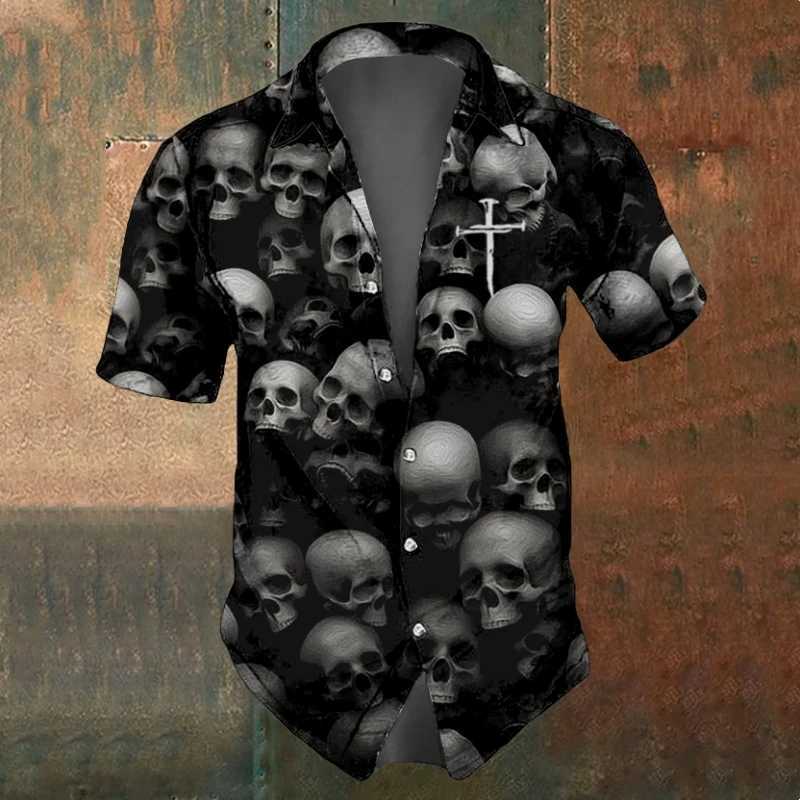Retro Mens Shirts Small Skull Print Short Sleeve Loose Oversized Hawaiian Shirt Fashion Man Clothes Skull Black Shirts For Men M250320