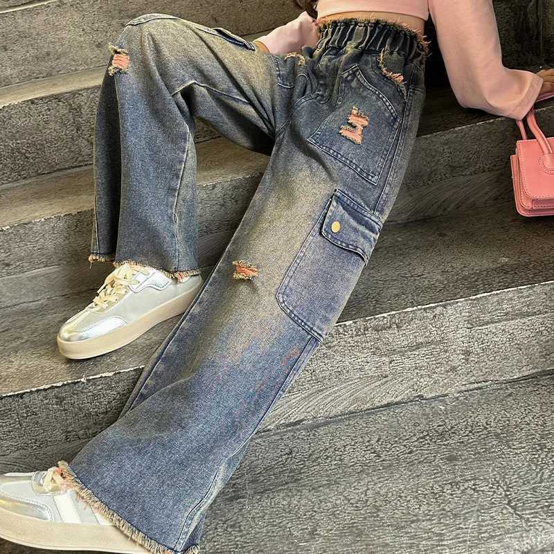 Girls heavy industrial retro denim top with Western style large pocket design wide leg pants for children childrens top 5-15T250326