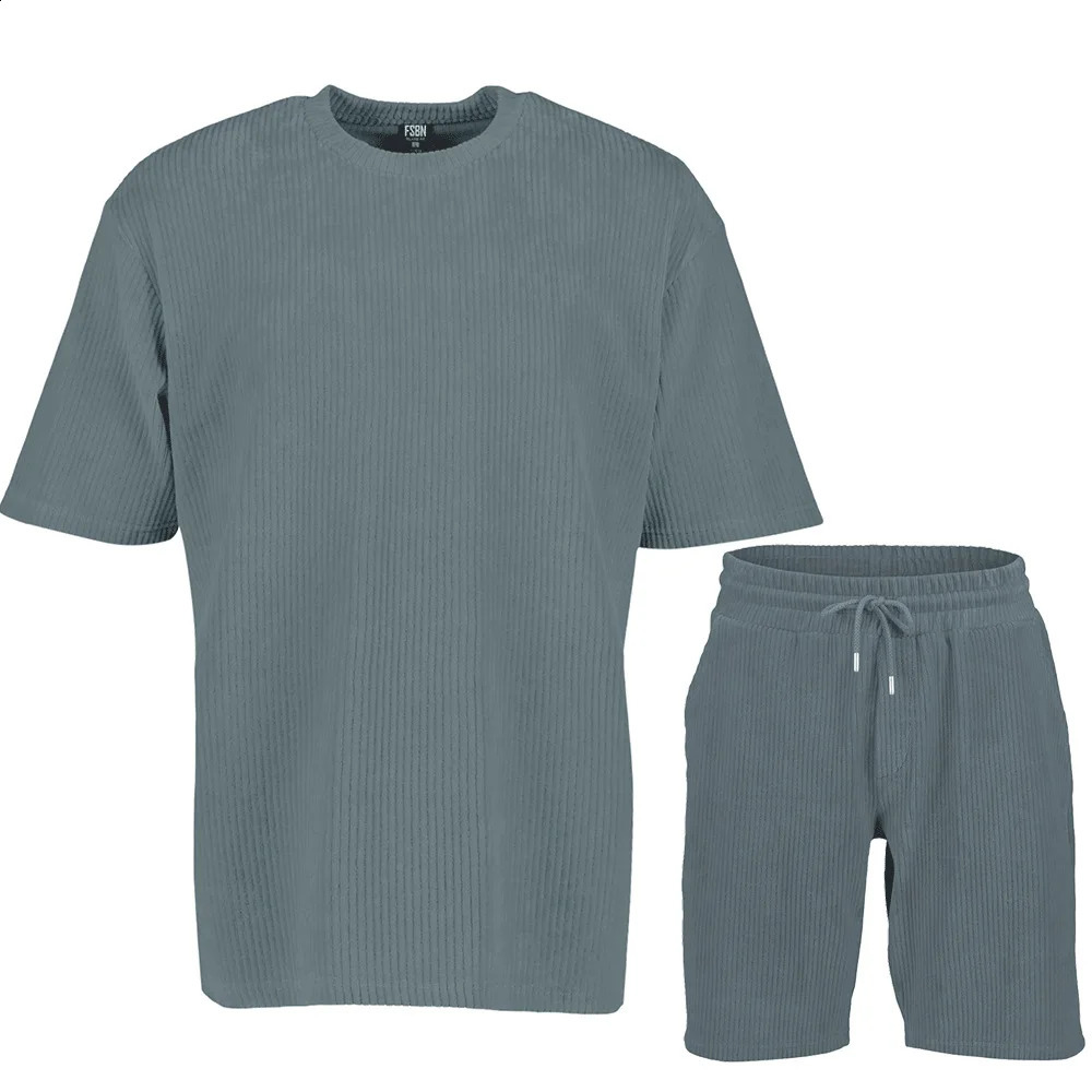 2023 Summer Mens Striped Suit Loose Crew Neck Shortsleeved Tshirt And Shorts Solid Color Sports Casual Twopiece Set 250319