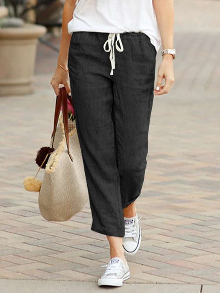 Women Cotton En Wide Leg Pants Summer Female Elastic Waist Drawstring Solid Loose Trousers Jyfs-1616