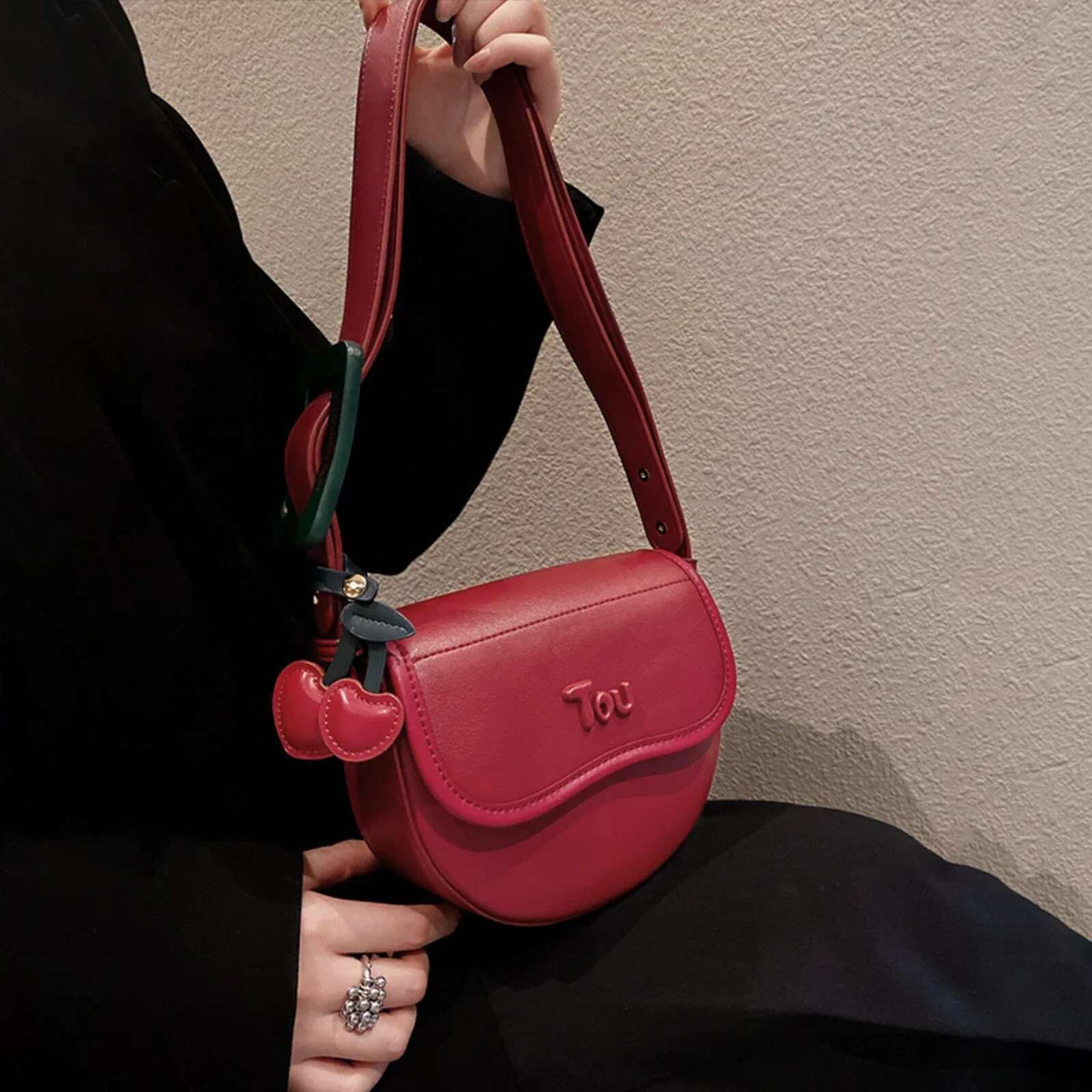 TOUTOU Cherry Saddle Women 2024 Red Crossbody Small Bag For Makeup Cosmetics Storage Fashion Female Valentine's Gift
