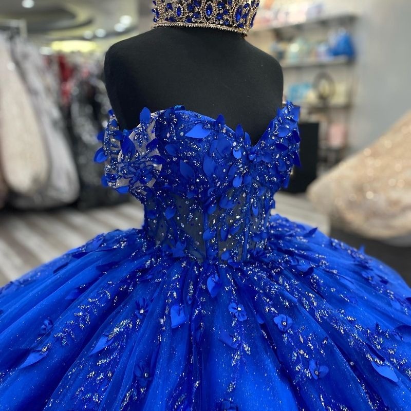 Royal Blue Shiny Quinceanera Dresses Ball Gown Off the Shoulder Lace Applique Beads Tull Corset Sweet 16 Dress Vestidos De 15 Anos