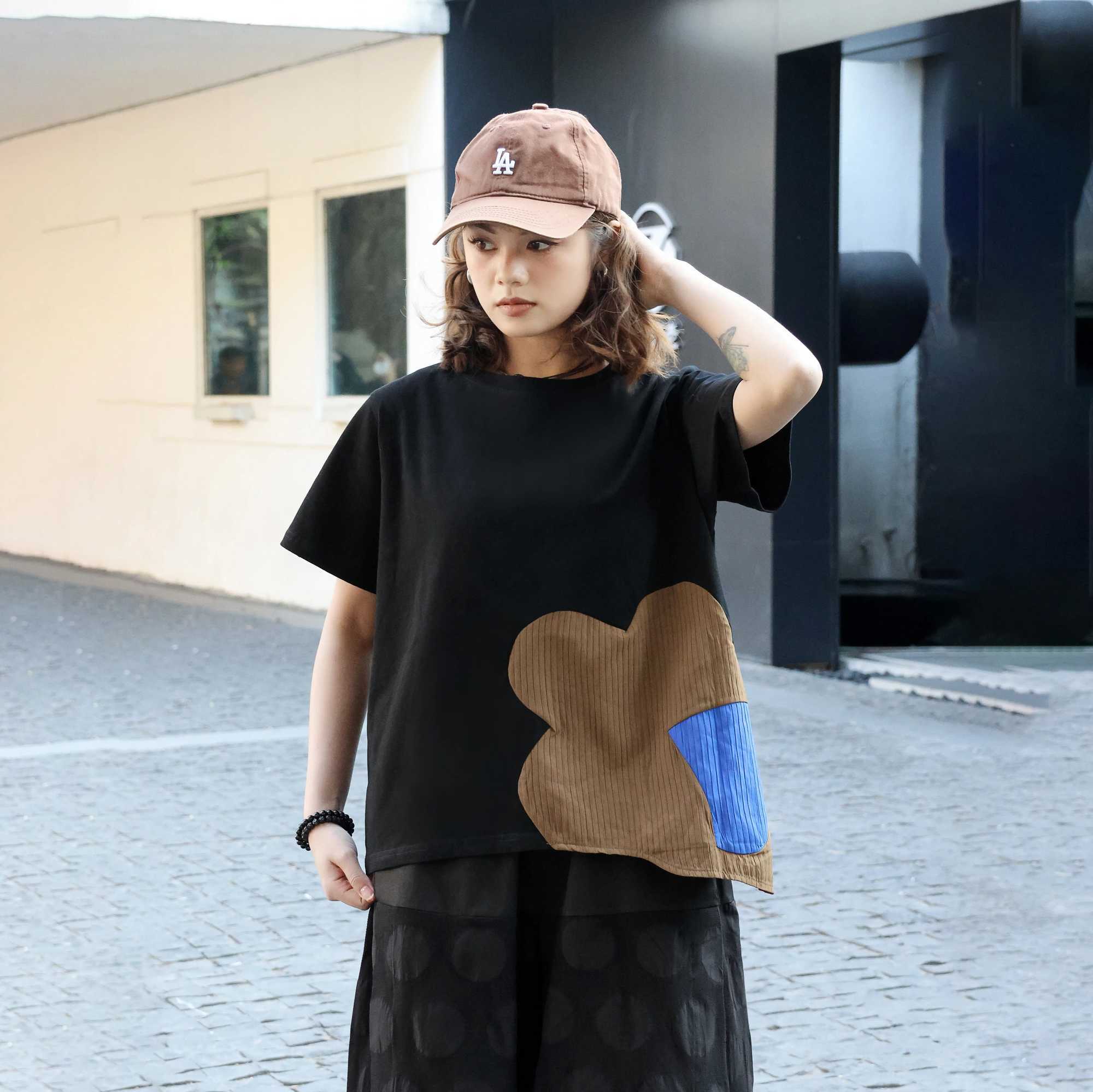 250207 irregular patch work contrasting color T-shirt casual O-neck short sleeved personalized loose fit suitable for summer womens T-shirtT250320