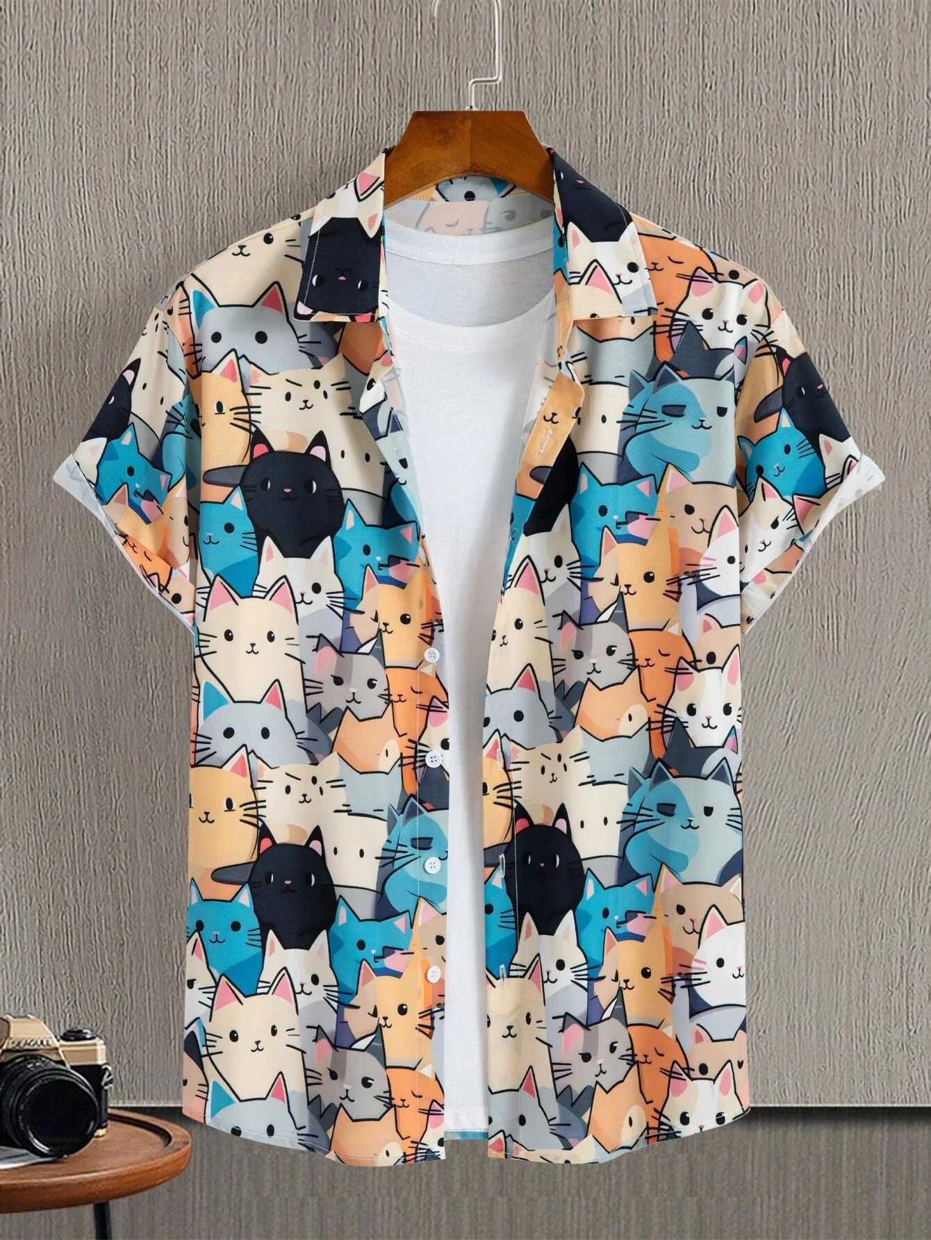 Unisex Fashion Mens Cute Cat Print Casual Daily Wear 3D Printing Short Sleeve Shirt Fashion Hawaiian Shirts For Men Harajuku M250320