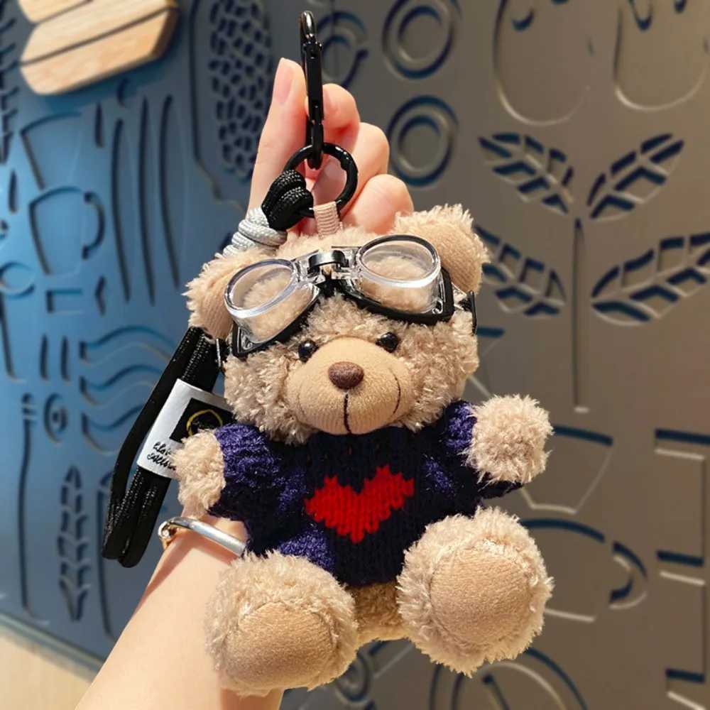 Kawaii Goggles Pilot Bear keychain Bell pearl plush bear keychain heart-shaped pink stuffed animal pendant femaleXJ250319