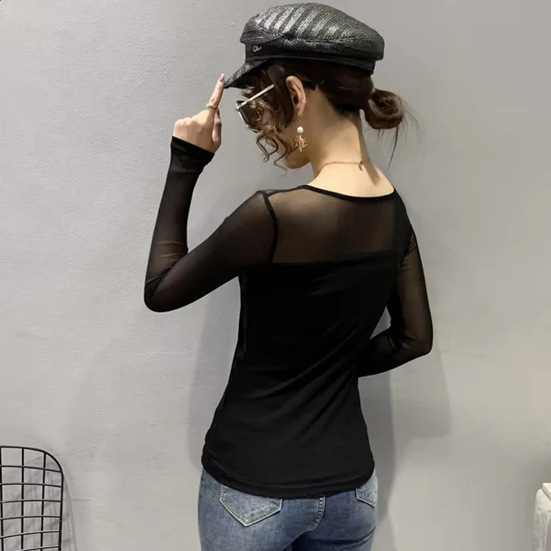 Autumn and winter round neck T-shirt womens sexy mesh eyeline shirt long sleeved solid color slim fit long sleeved casual top 250314