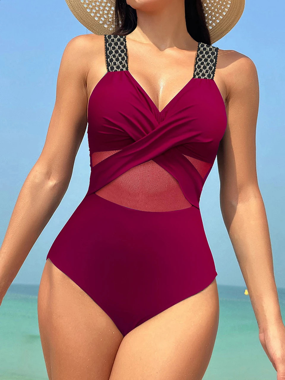 2024 pure Ruched swimsuit womens onepiece circular link bath summer beachwear 250312
