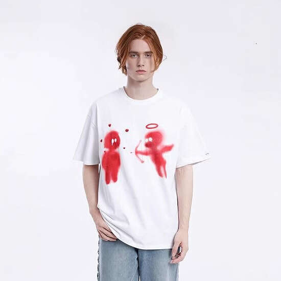 Little Angel American Funny Fuzzy Cartoon Printed Short sleeved T-shirt for Men Trendy Loose Simple High Street Couple TEE