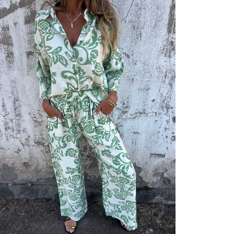 New Casual Women's Printed Two-Piece Shirt And Pants Set For Women