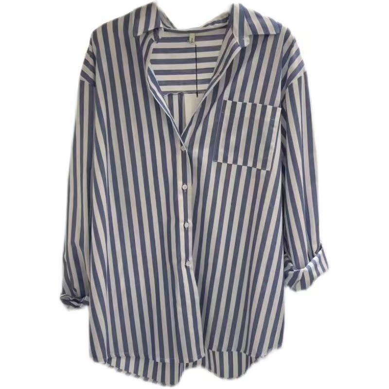 Spring Koeean Loose Casual No Size Small Fresh Vertical Blue Long Sleeve Womens Coat y250319