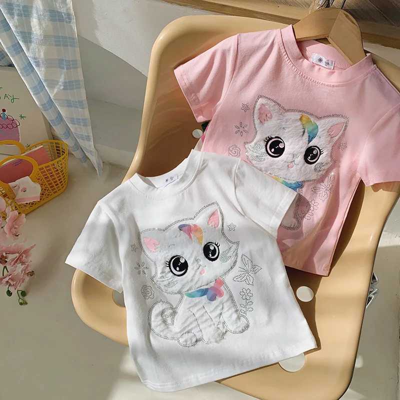 Girls summer round neck short sleeved T-shirt new fashion cat print top girls clothingT250320