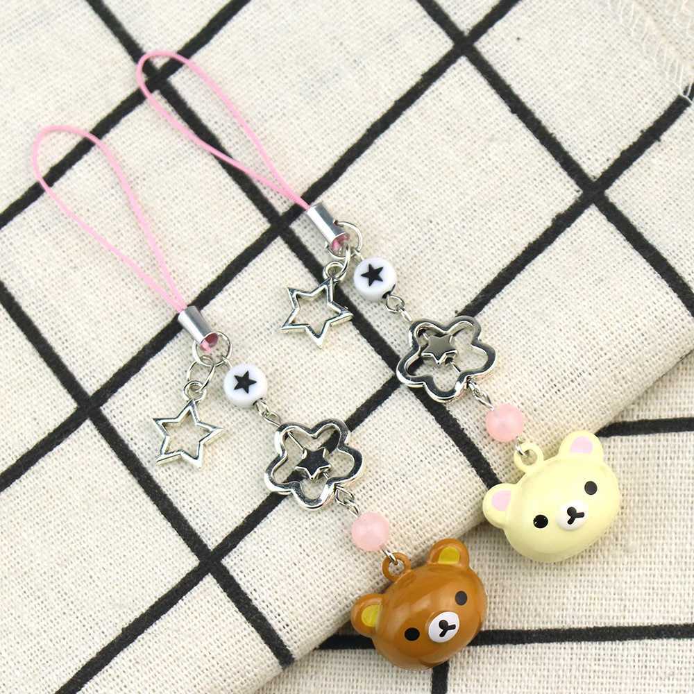 Cute Rilakkuma bear bell matching phone charm Y2K handmade star shaped hanging chain Kawaii bead mobile pendant card keychainXJ250319