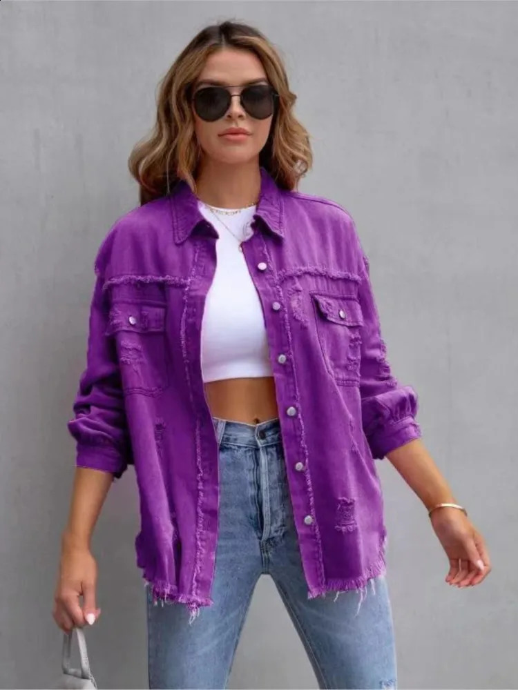 Autumn and Winter Womens Denim Jacket Fashion Grinding Edge Piercing Long Sleeve Single Chest Casual Collar Top 250317