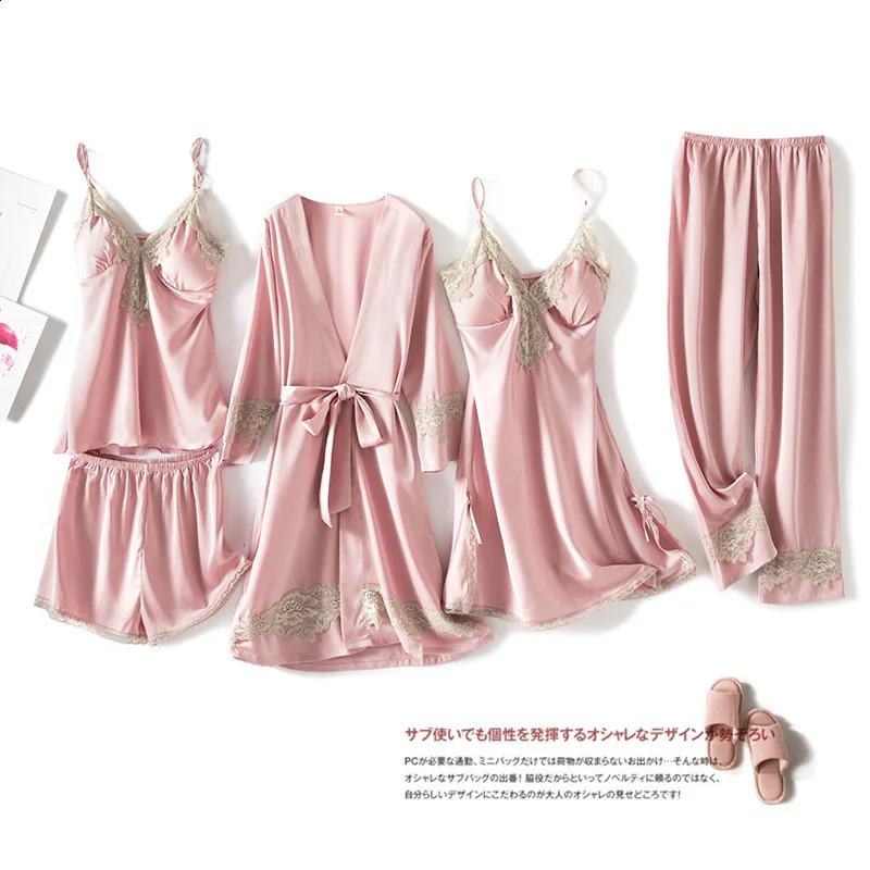 Summer 5 Pcs Set Women Pyjama Satin High Quality Sexy Leopard Sleepwear With Chest Pad Pajamas 250319