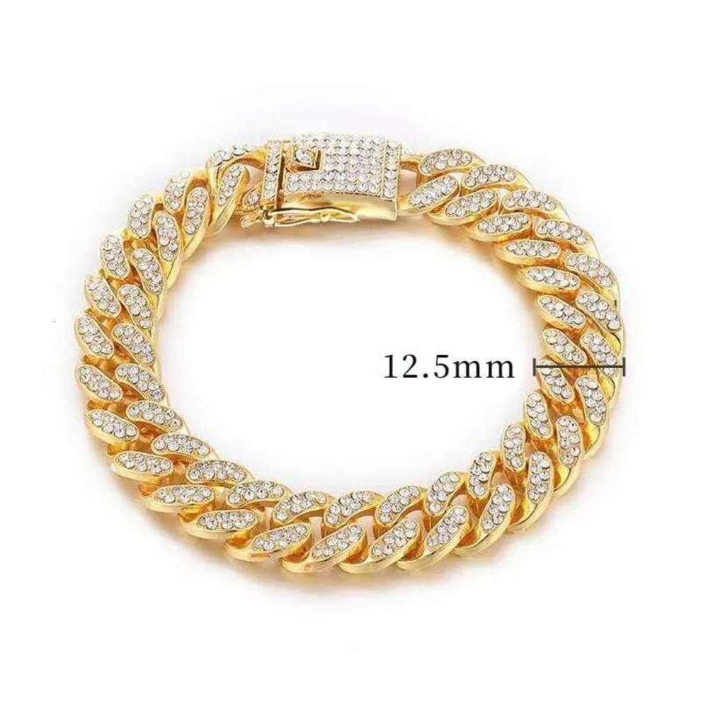 Dog Collars & Leashes Cuban Necklace Paved Rhinestones 12.5mm Width Chain Hip Hop Jewelry Gold Color Stainless Steel Material CZ Clasp Men 3b6
