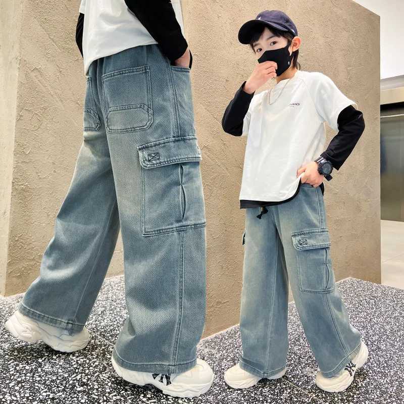 Teen Boys Straight Leg Cargo Jeans New Spring/Autumn Kids Wide Leg Denim Long Pants for Children Loose Pockets Trousers 5 14 YrsT250326