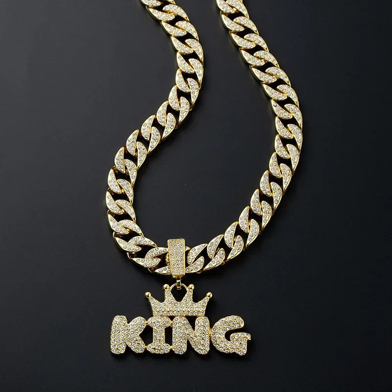 Men Women Hip Hop Bling KING QUEEN Letter Pendant Necklace 13mm Miami Cuban Link Chain Necklaces Iced Out Charm Fashion Jewelry 250320