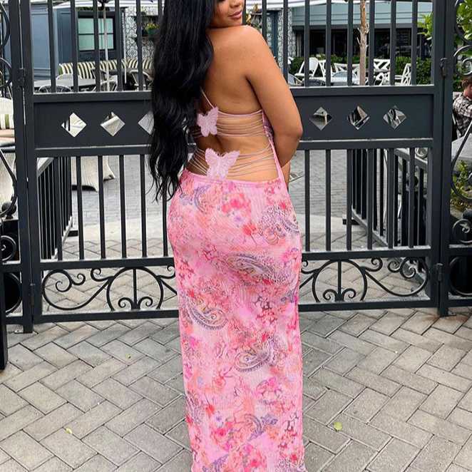 Summer Fashion Trend Women's New Hanging Neck, Open Back, Slim Fit Print, Wrapped Hip Dress 250315