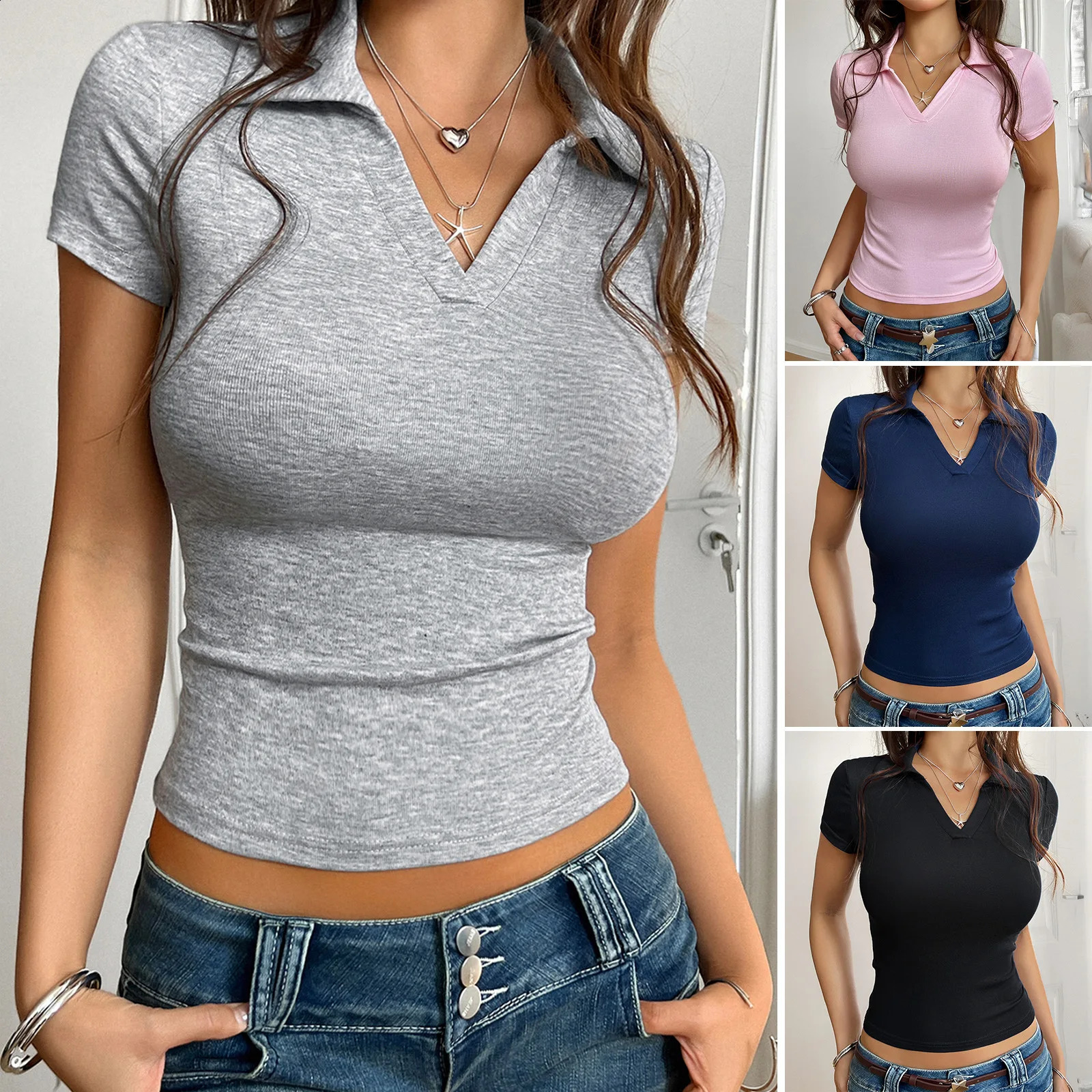Slim fit Crop Y2K Knitted Womens Short sleeved Top Summer Solid Color V-neck Womens T-shirt Womens Polo Shirt Womens Underwear 250314