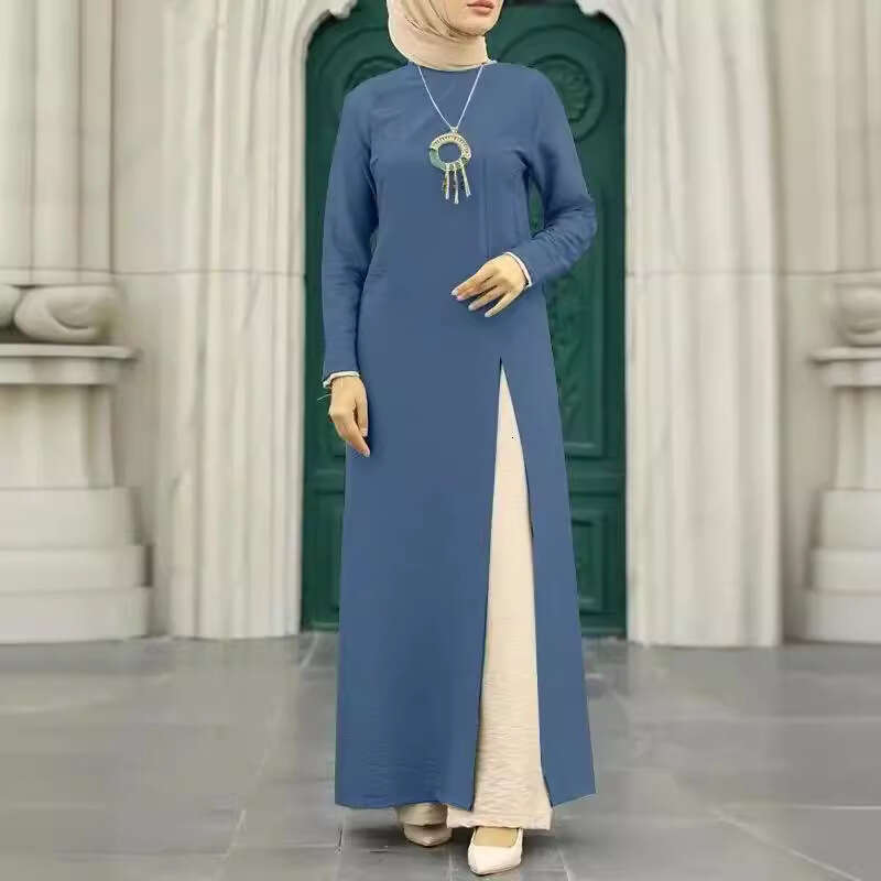 Muslim Ice Silk Wrinkled Long Sleeved High Slit Hem Dress, Fashionable Solid Color Elegant Intellectual Women's Robe