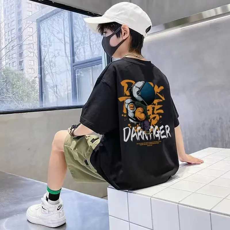 Summer Childrens Clothing Astronaut Cartoon Printed T-shirt Street Clothing 100% Cotton Top Childrens Boys and Girls Clothing Short Sleeve T-shirtT250