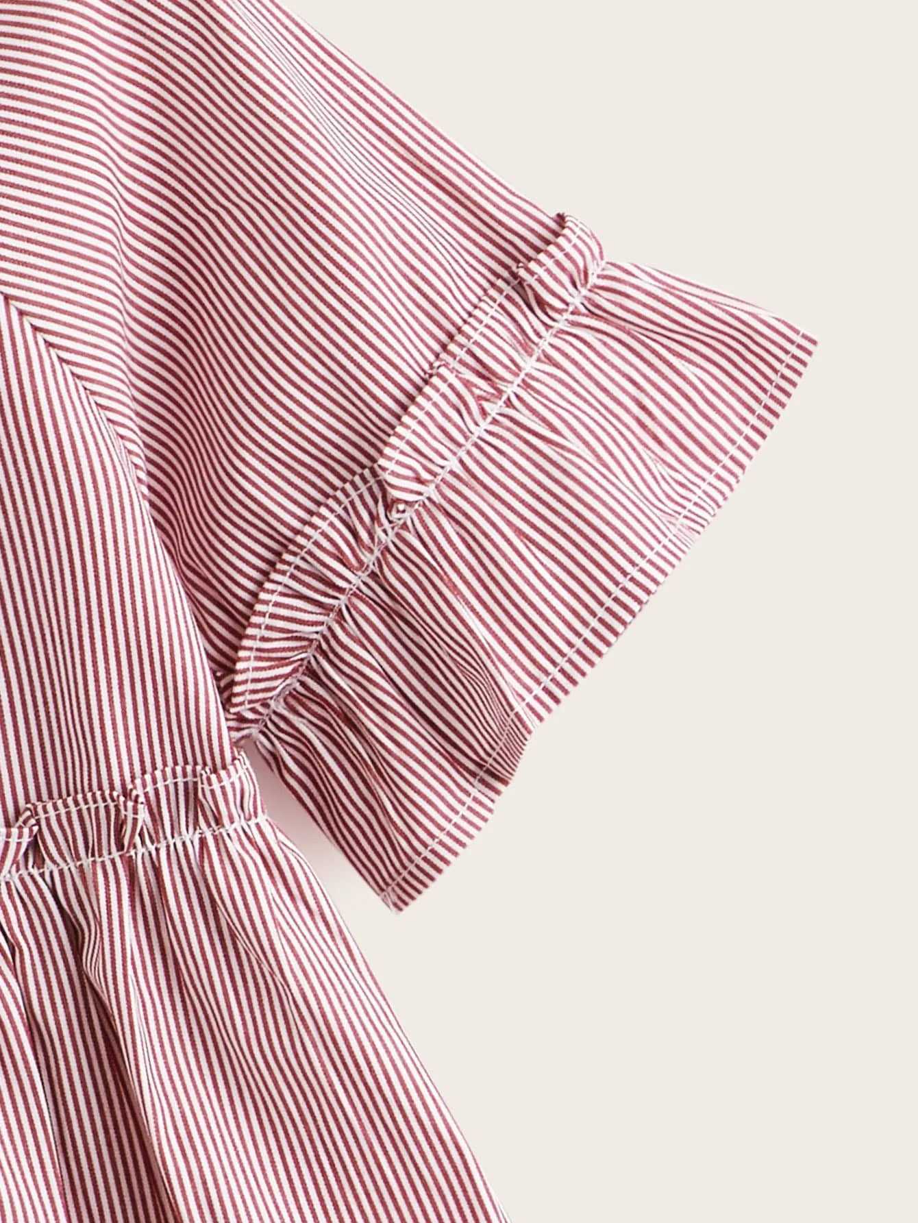 Summer childrens girls short sleeved red striped letter print with pleated sleeves ordinary breathable and comfortable shirtT250320