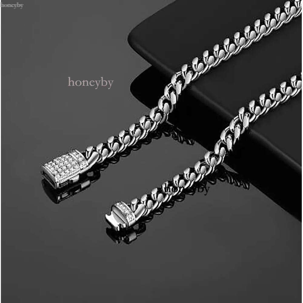 Mens White Gold Tone 316L Stainless Steel Chain Necklace Curb Cuban k with Dias Clasp Lock 6mm/8mm/10mm/12mm/14mm