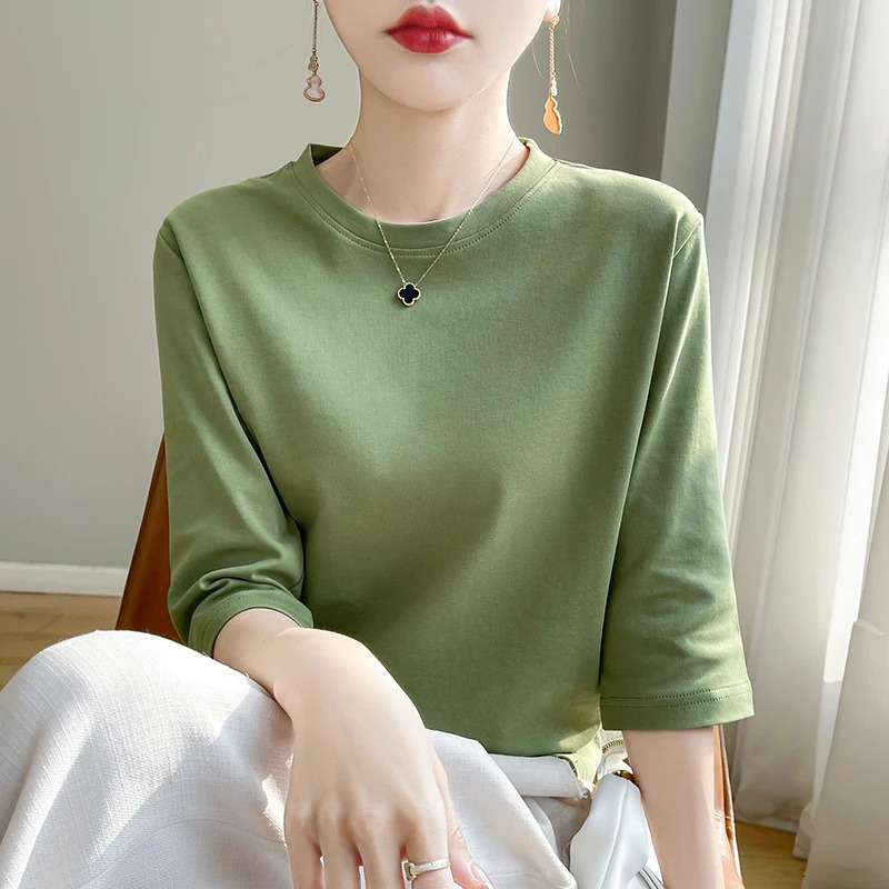 Spring And Summer White Mercerized Cotton Short Sleeve T-Shirt Feminine Joker Cotton Cropped Sleeve Bottoming Shirt 250320