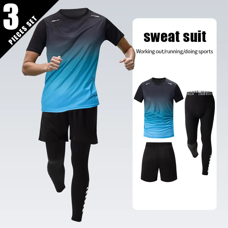 3 Pcs Mens Quick-drying Sports Gradient Suit Leisure Sports Running Short Sleeve Comfortable Sun Protection Pants Joker Shorts 250319