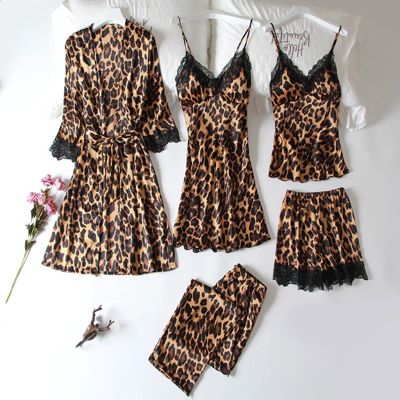 Summer 5 Pcs Set Women Pyjama Satin High Quality Sexy Leopard Sleepwear With Chest Pad Pajamas 250319