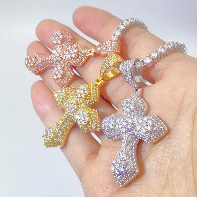 S925 Silver Iced Moissanite Cross Pendant Women Men 16k Gold Finish D Color VVS Hiphop Pendant Necklace Pass Tester Party Gift