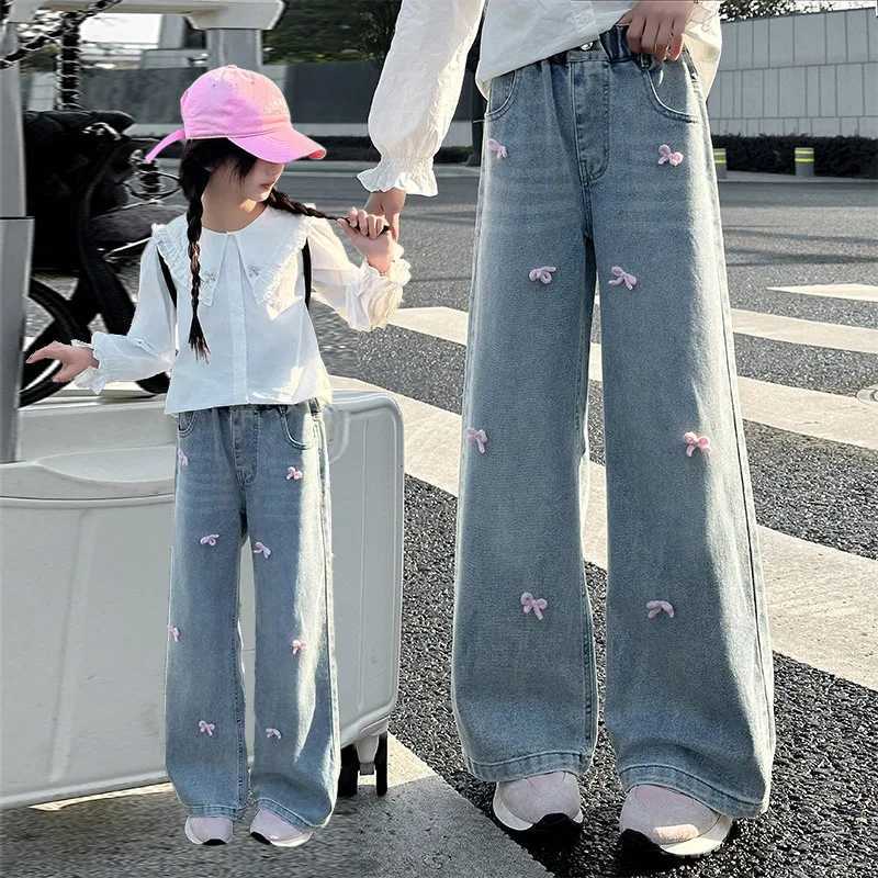 Teenage Girls Jeans Spring and Autumn 2025 New Foreign Style Childrens Loose Wide Leg Pants Girls Casual Pink Bow Pants TrousersT250326