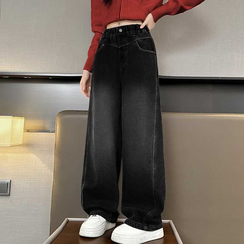 Childrens casual loose straight jeans suitable for girls with wide legs cool jeans children and teenagers spring elastic waist jeans TrouserT2502320