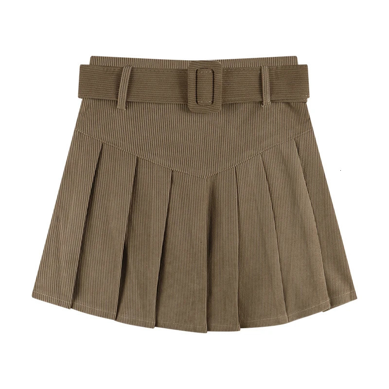 Corduroy Pleated Mini Skirt with Belt for Women Vintage Academy School Skirt Autumn Winter Outfit 250320