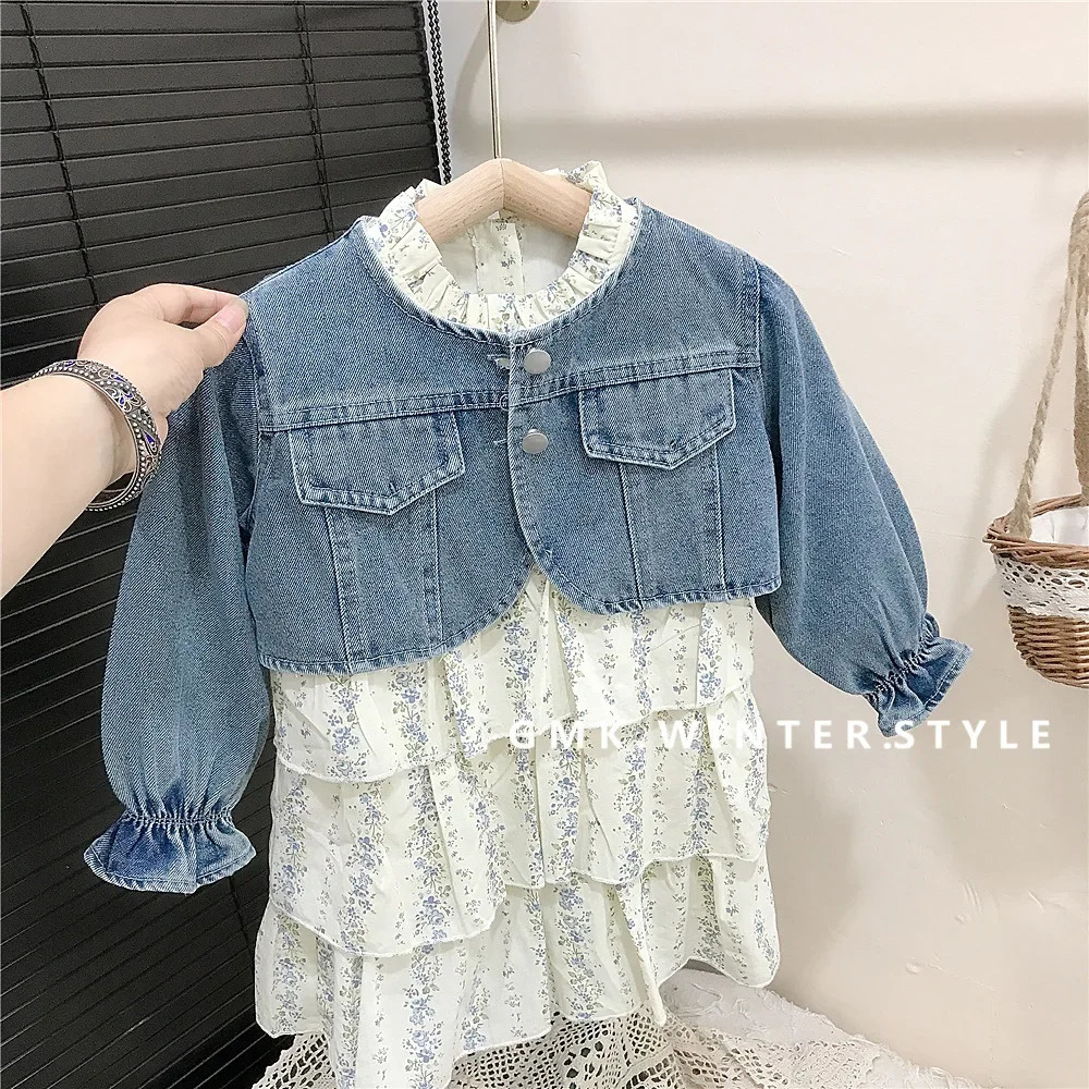 Girl Spring and Autumn Set Fashion Short Cowboy Jacket Flower Dress Two piece Clothes Suitable for Little Girls 250319