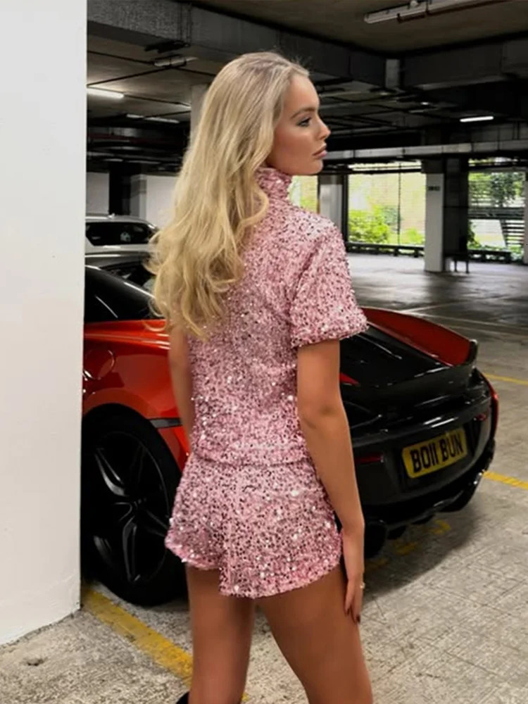 Retro Sequin Turtleneck Shirt Shorts Womans Set Y2K Glitter Solid Short Sleeve Shirts Slim Pants Sets Female Chic Street 250320
