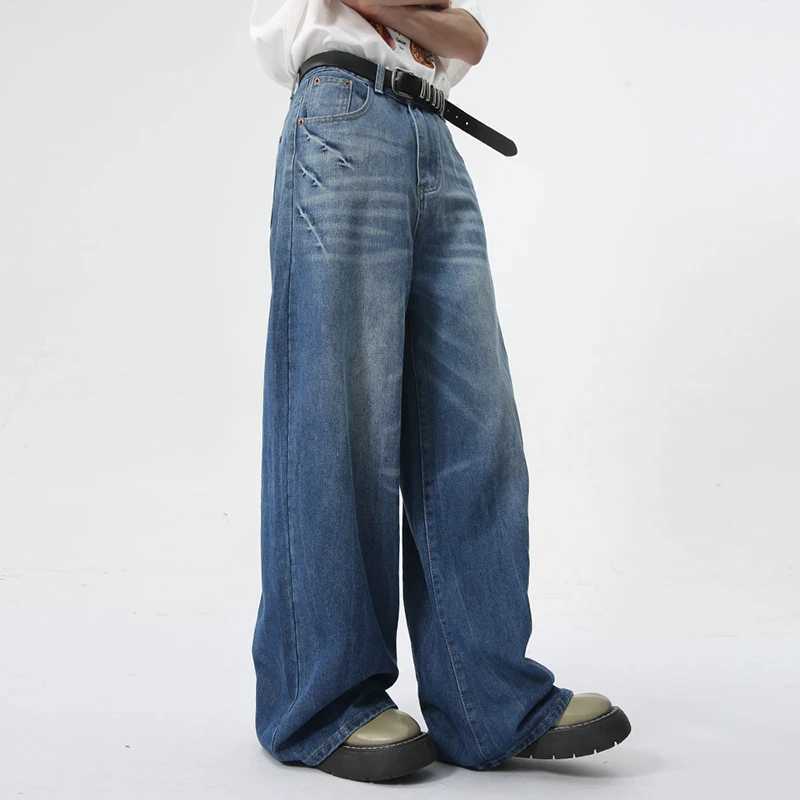IEFB new mens jeans 2024 autumn American lightning pattern washed straight loose leg jeans 9C6172T250319