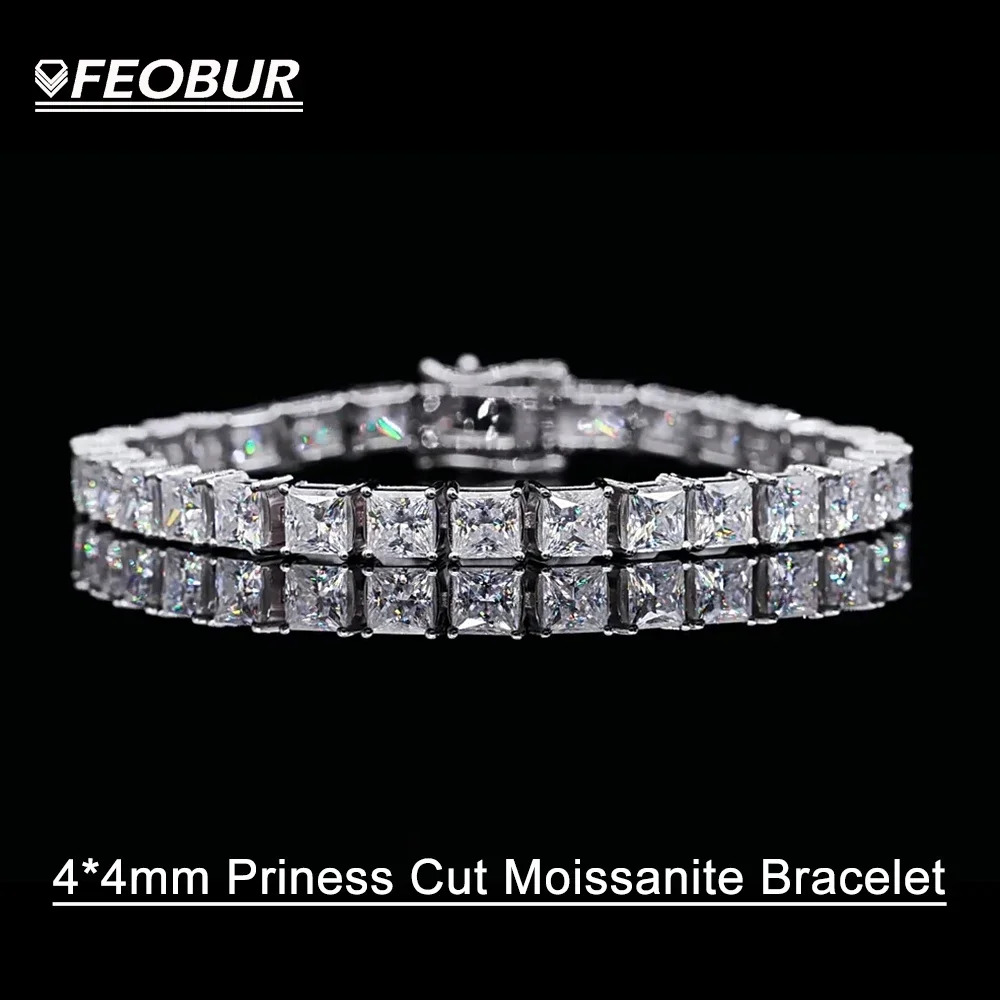 FEOBUR S925 Sterling Silver 4mm Princess Cut Moissanite Tennis Bracelets with Certificates Diamond Bangle for Women GRA Jewelry