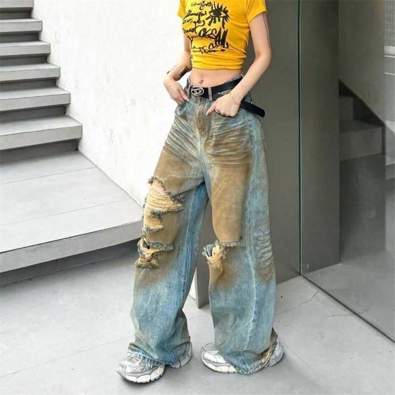 Fashion vintage old yellow mud dirty dyed ripped jeans for women summer casual versatile style wide-leg pants 250319