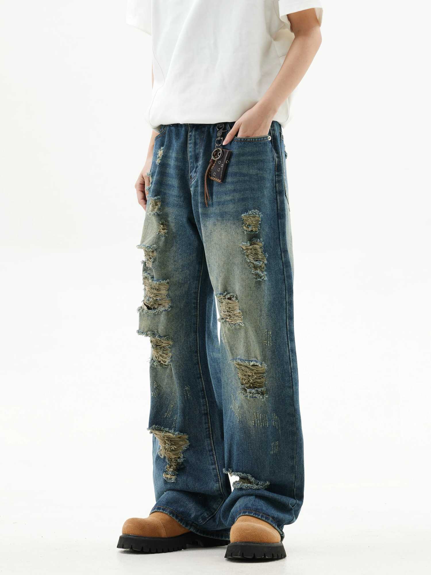AMBION ESPECT American Printed Straight Jeans Street Retro Mens and Womens Loose Trouser Trend Ropa HombreT250319