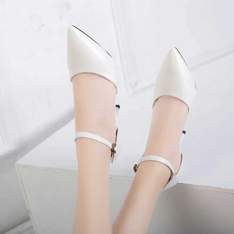 Soft Leather Wens ShoesPointed Toe2024 Spring New High HAnkle StrapCover HeelFem FootwareBig SizeBLACKBEIGE Y250319