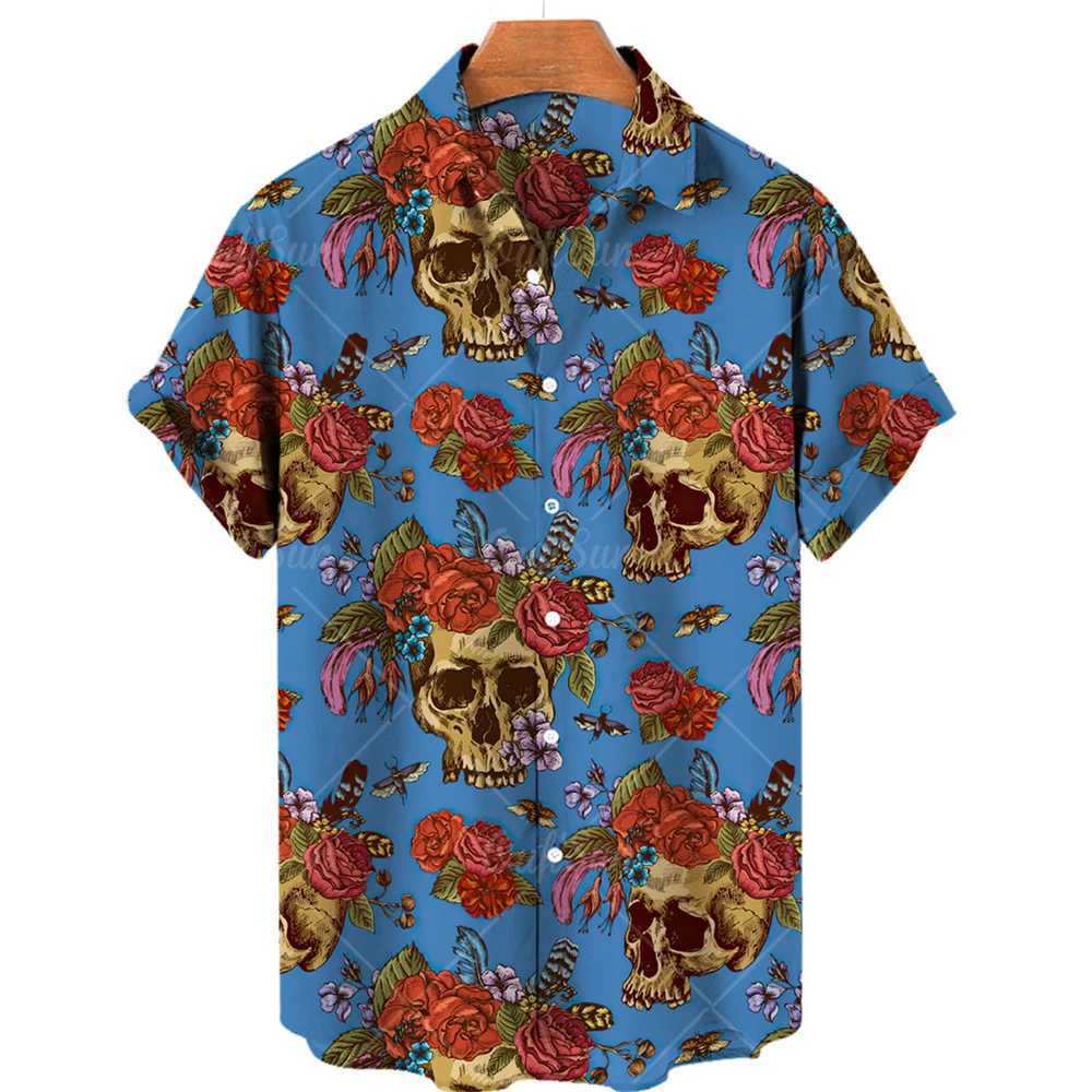 Hawaii Beach Shirt Fashion Design Mens 3D Skull Printed Shirt Retro Casual Street Clothing Mens Summer Neutral Short Sleeve Top M250320