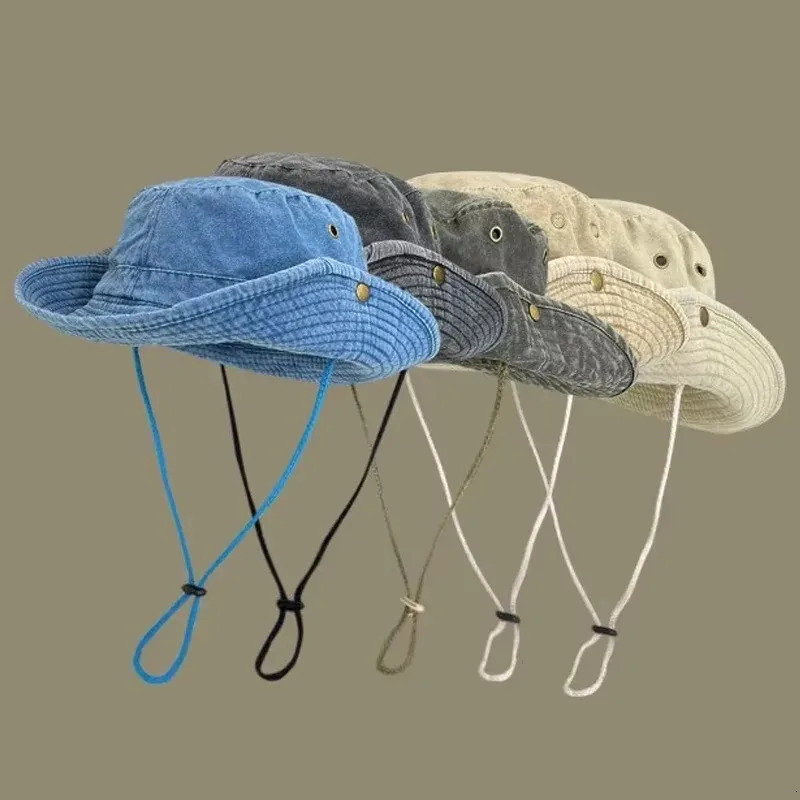 2025 Blue Cowboy Hiking Bucket Hats with String Men Denim Beach Sun Hat for Women Outdoor Couple Bob Panama Summer Fisherman Cap 250320