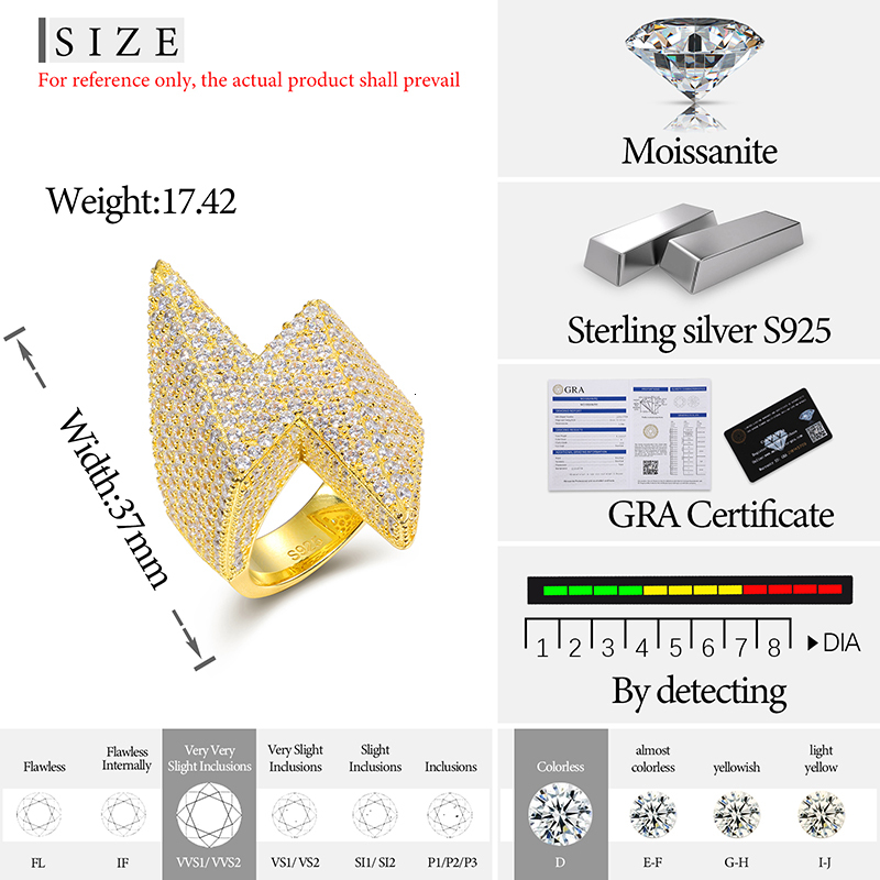 Unisex Classic lightning 925 Ring Moissanite Men Hip Hop Jewelry Pave Setting Ring Fashion Rock Gift