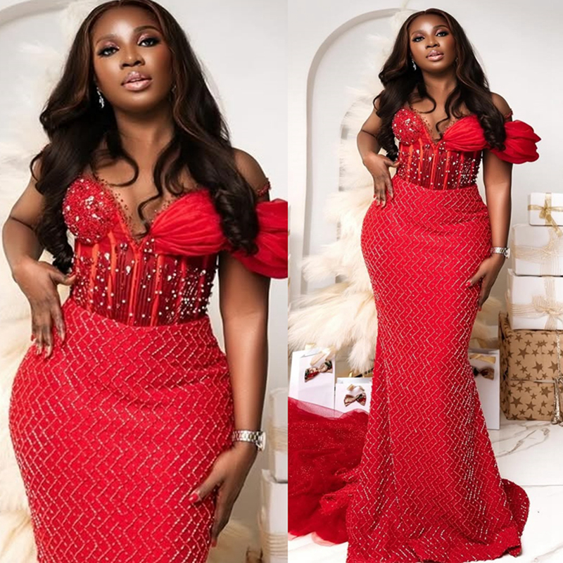 Plus Size Aso Ebi Red Prom Dresses 2025 Mermaid Prom Dress For Special Occasions Sheer Neck Short Sleeves Flora Beaded Lace Birthday Second Reception 