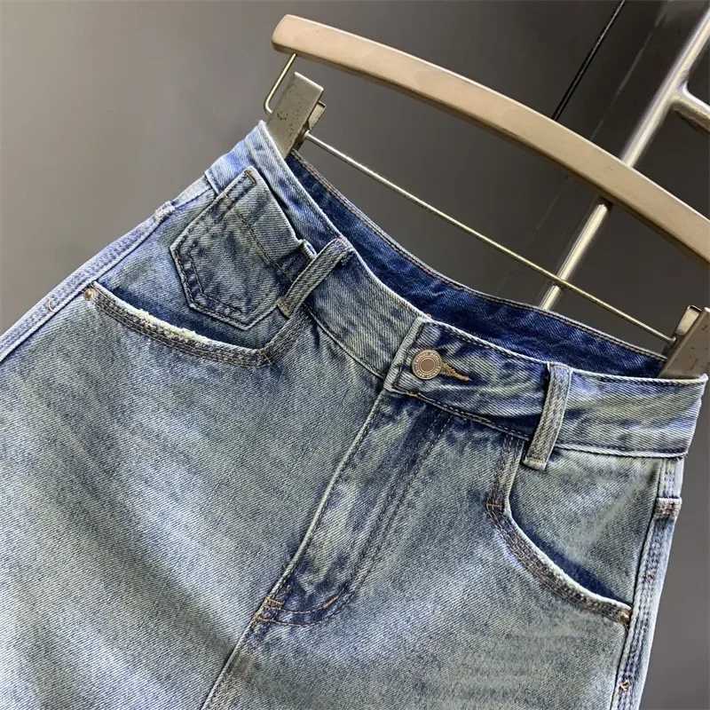 Fashion pocket light blue washed A-Line denim mini dress 2024 summer new Korean version Ele Simple Bodycon SkirtXJ250320