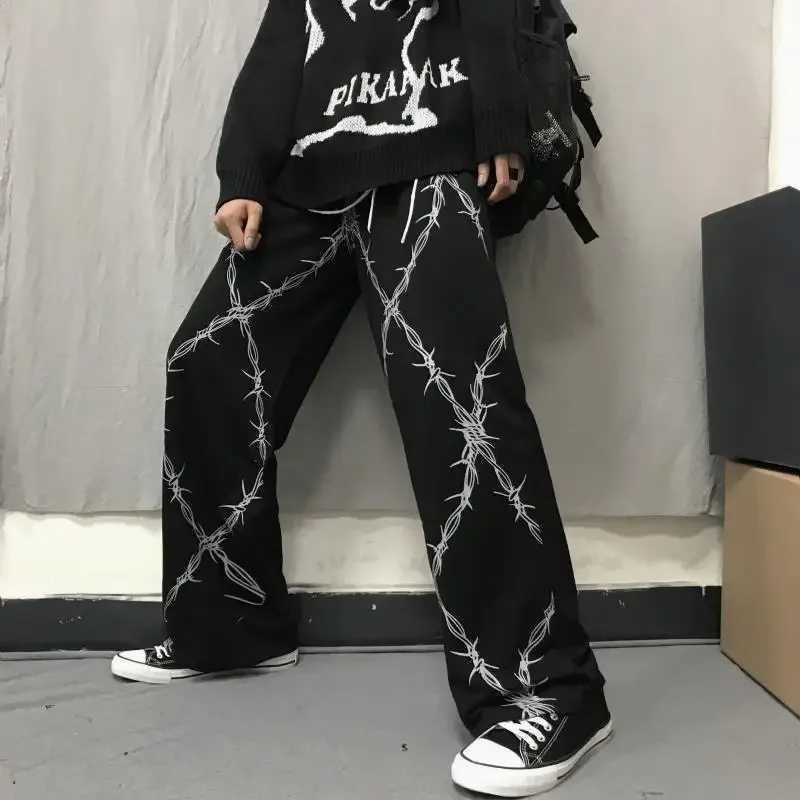 Korean style Harajuku retro black unique printed casual straight leg pants with loose fit mens high waist bell bottomT250319