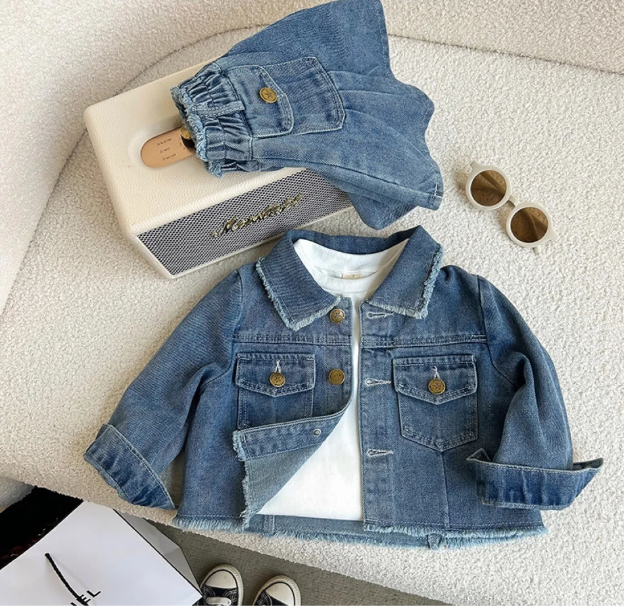 Spring Autumn Blue Retro Turndown Collar Long Sleeves Girls Solid Color Cotton Denim Jacket Short Skirts Twopiece Suit 250319